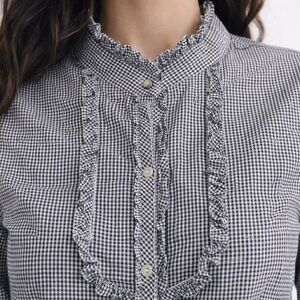 J. Crew Black and White Gingham Ruffle Front Button Down Medium